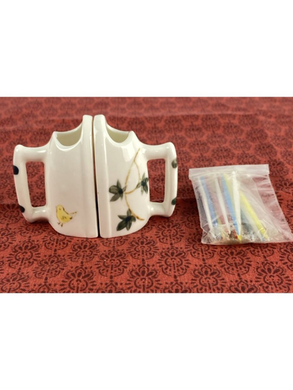 Our Own Import Bone China Clothes Iron Toothpick Holder Set Japan Rooster Floral - Picture 2 of 15